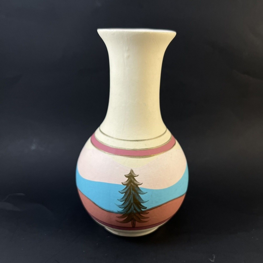 TESA by Maack Pottery Vase Hand Painted  Green Trees Small 7” Tall